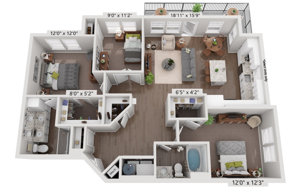 C1 - Amethyst - 3 bedroom floorplan layout with 2 bathrooms and 1285 square feet
