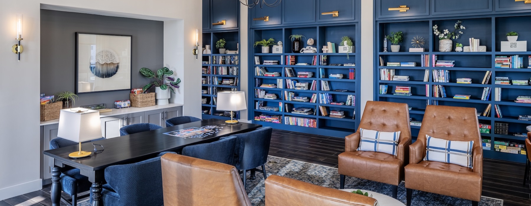 beautiful library with chandeliers